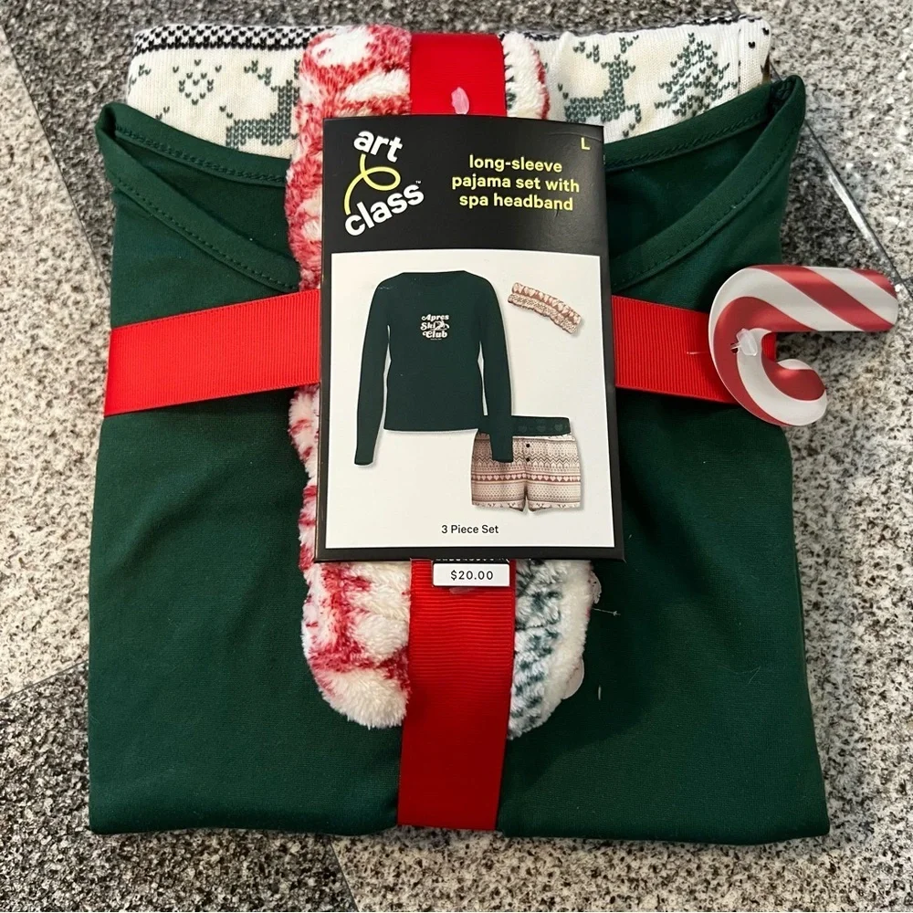 NWT Art Class Girl's Holiday Long Sleeve Pajama Set With Spa Headband- Size L